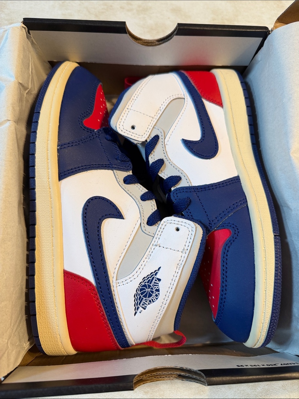 Youth Size 3 Jordan Kids High-Top Sneakers in White, Navy & Red